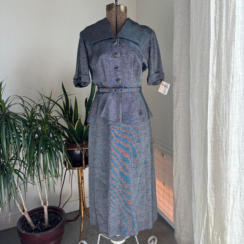 Georgiana Women’s S Dress Grey Vintage 1950s Button Midi Dress Belted Peplum